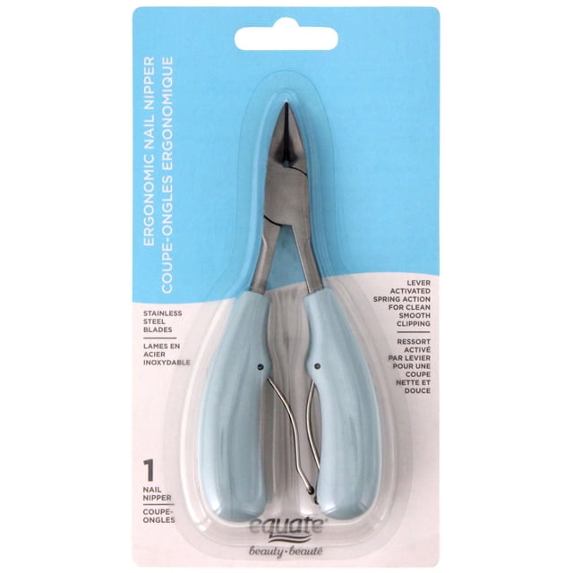 Equate Beauty Ergonomic Nail Nipper with full stainless steel blades and lever-activated spring action, featuring light blue ergonomic soft touch handles for secure grip, suitable for trimming toenails and cuticle care, displayed in retail packaging.
