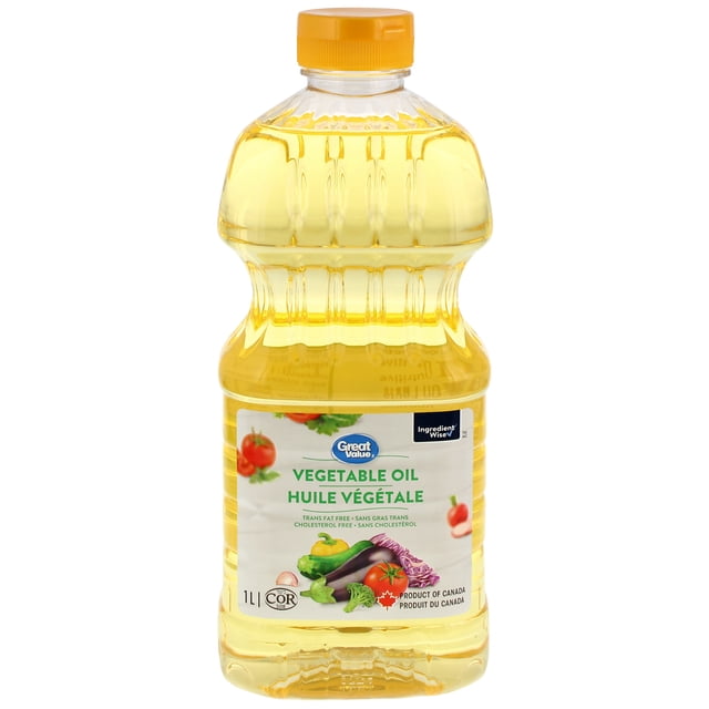 Great Value Vegetable Oil in a clear 1-liter plastic bottle with a yellow cap, labeled trans fat and cholesterol free, featuring vegetable images and the Ingredient Wise symbol, ideal as a pantry essential for cooking, baking, and salad dressings, product of Canada.