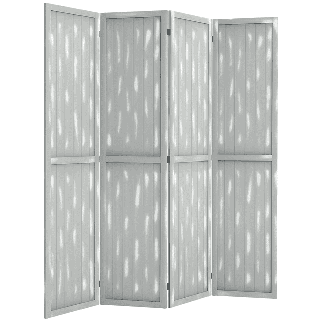 HOMCOM Cloison de Séparation à 4 Panneaux de 5,5 Pieds Paravent Pliant en Gris, Présentant une texture Grain de Bois Blanchie pour un Style Rustique. la Cloison Comporte Quatre Panneaux Pliables Reliés par Neuf Charnières en Métal, Permettant une Personnalisation Facile et un Rangement Gain de Place. Fabriquée en Bois de paulownia et MDF, Elle Mesure 63,2 Pouces de large, 66,9 Pouces de Haut et 0,7 Pouces de Profondeur Lorsqu'elle Est Entièrement Prolongée. Idéale pour Créer des Espaces Privés Ou Diviser de Grandes Pièces.