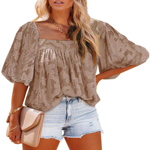 Blouse à Manches Cloche pour Femmes Col Rond Hauts en Dentelle Chemises Babydoll Texturées Florales