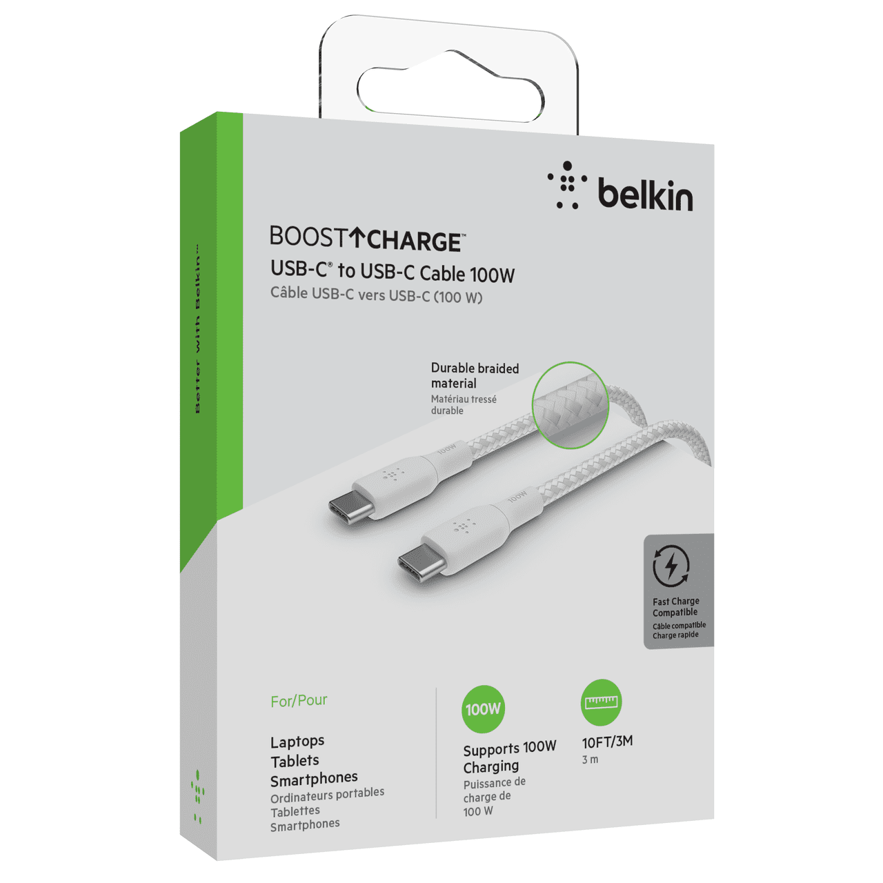 Belkin USB-C to USB-C Cable, BoostCharge Braided Power Cable (3M/9.8ft), Fast Charging Cable w/ 100W Power Delivery, USB-IF Certified for iPhone 16, MacBook, Chromebook, Galaxy & More - White