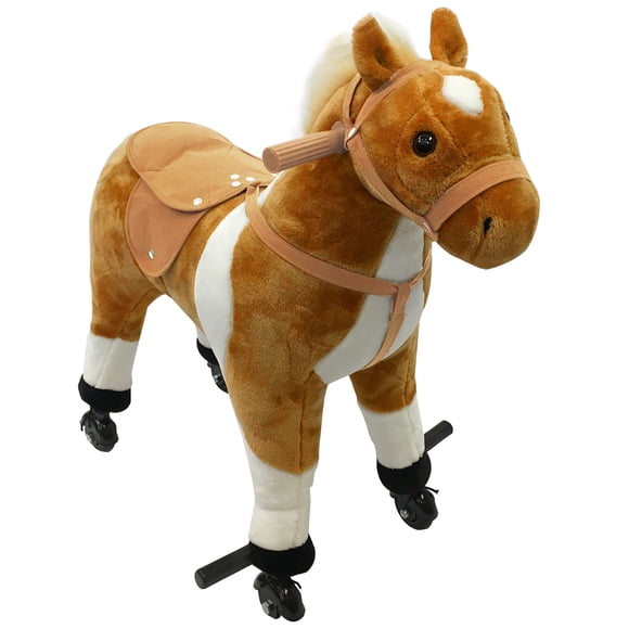 Qaba Kids Walking Pony Ride on Toy Rocking Horse Neigh Sound Plush w/ Wheel Child Gift 110lb Weight Capacity Brown