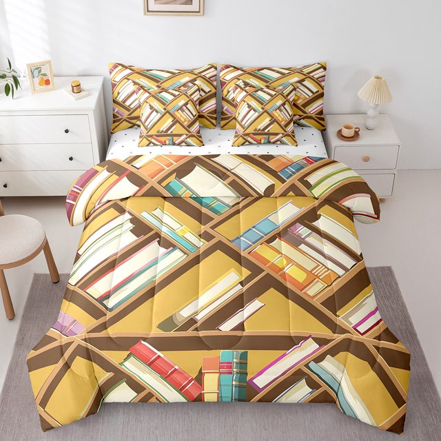 YST Library Bookshelf 7 Pcs Comforter Set,Cartoon Bookshelf Bedding Bed in a Bag Twin Size,School Bookcase Books Quilt Comforter,Modern Educational Literature Sheet Set Bedroom Decor