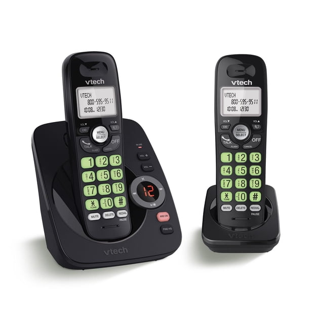 VTech 2 Handset DECT 6.0 Cordless Answering System with Caller ID/Call Waiting, CS6224-21 in black showing two cordless handsets with backlit green numeric keypads and LCD screens displaying caller ID, one handset on a base with digital answering system and red LED display, the other on a charging cradle, designed for interference-free home phone use and suitable for managing home office calls.
