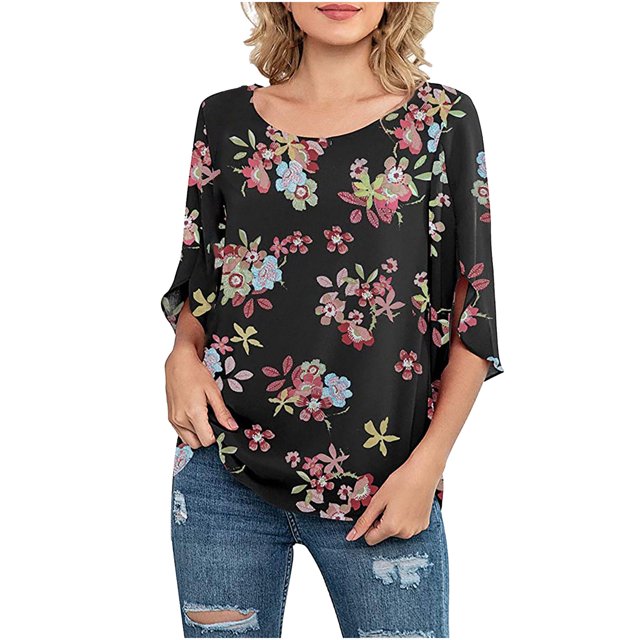 Pompotops Blouse en Chiffon à Manches 3/4 Imprimée Florale Décontractée pour Femmes