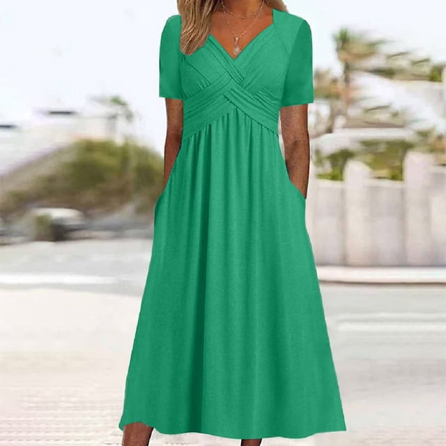Pisexur Robe à Manches Courtes à Col en V Mode Robe Décontractée pour Femmes à Manches Courtes Imprimée à Col Rond Robe pour Dames Robes Femmes Robe