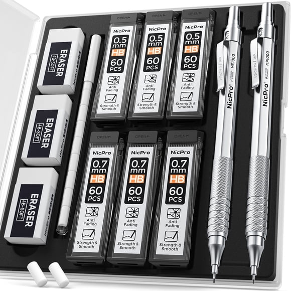 Nicpro Mechanical Pencils with Case, 0.5mm & 0.7mm, HB Lead, 2 Count