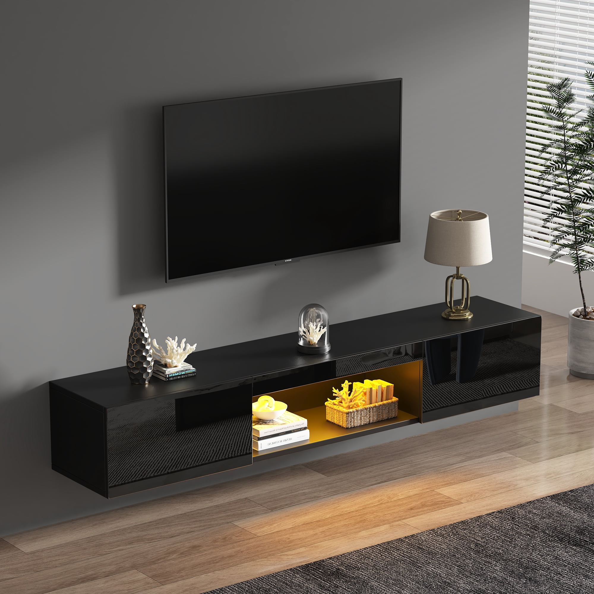 Meuble télé suspendu Noble House 160 cm avec éclairage DEL, pour téléviseur 178 cm, noir