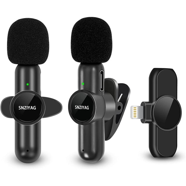 MKK SNZIYAG Ensemble de Microphone Lavalier Sans Fil pour iPhone et iPad, Comprenant Deux microphones Sans Fil Noirs avec Pare-Brise en Mousse et un Récepteur compact avec Connecteur Lightning. Conçu pour l'Enregistrement, la Diffusion en Direct et la Création de Contenu Vidéo, Cet Ensemble de Microphone Prêt à l'Emploi Offre une Réduction de Bruit Intelligente, une Synchronisation audio en Temps Réel et une Portée Sans Fil de 65 Pi. Compatible avec Divers Modèles d'iPhone et d'iPad, à l'Exception de Ceux avec ports USB-C.
