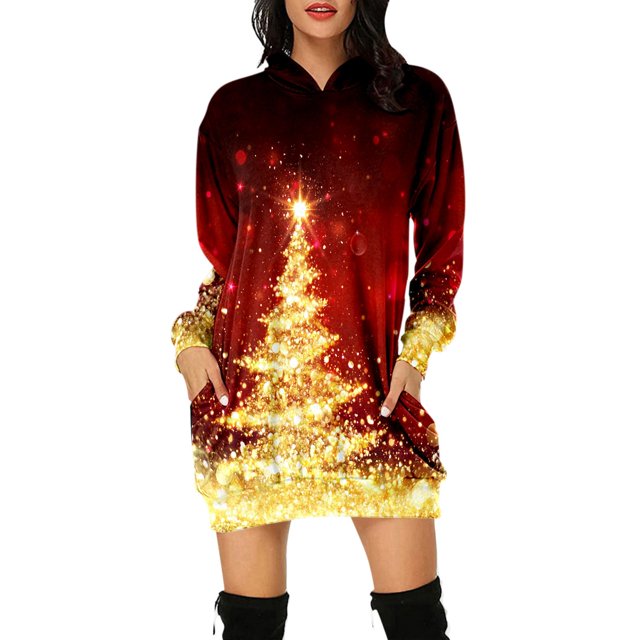 Kcodviy Femmes Vintage Joyeux Noël Chandail Long pour Femmes Robe Imprimée à Manches Longues Chandail à Capuchon pour Femmes à Fermeture Éclair Chandails à Capuchon à Manches Longues Midi Robes à Capuchon pour Femmes avec Poches