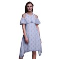 thumbnail image 1 of Bimba Robe Tunique de Fête à Manches Flottantes Imprimé Feuilles Bleues Épaules Dénudées Midi - TTG, 1 of 1