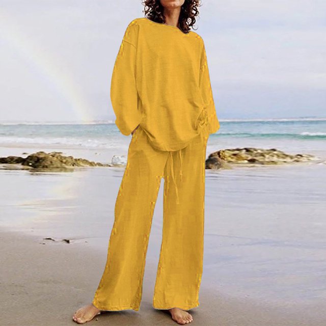 EGNMCR Women 2 Piece Linen Outfits Solid Color Long Sleeve Suit Drawstring Wide Leg Pants with Pockets Womens Lounge Sets