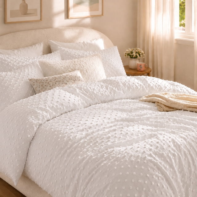 Swift Home Dot Clip Textured Duvet Cover Set, Soft All Season Bedding with Zipper Closure, Queen, White