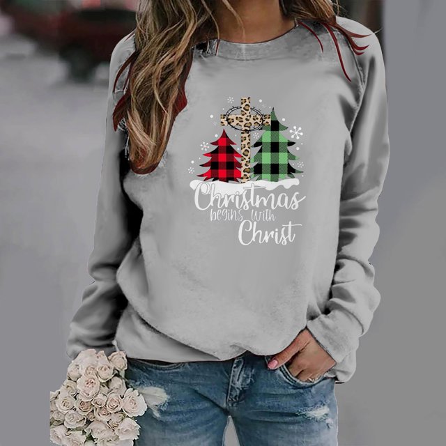 Costumes de Noël en Solde Pull à Col Rond Imprimé de Noël Blouse Ample Chandail en Molleton Sans Capuche Chandail en Molleton Surdimensionné pour Femmes