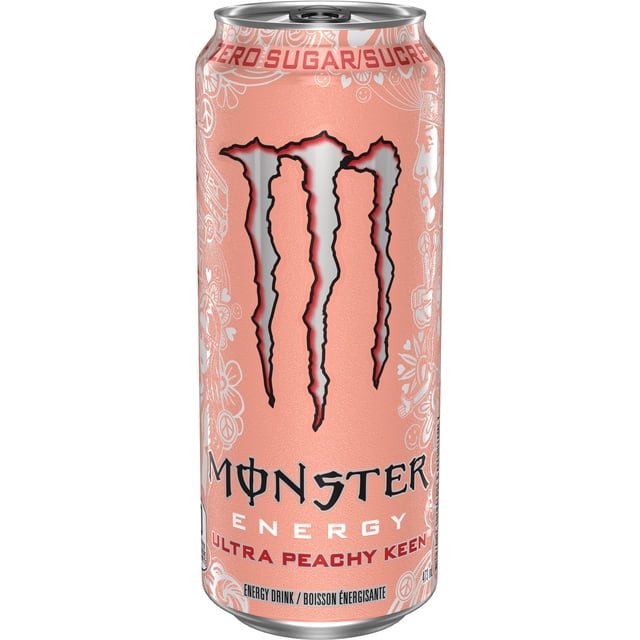 Monster Energy Ultra Peachy Keen Zéro Sucre Canette, 473 ml, Vue de devant d'Une Canette Mince et Mate de Boisson Énergisante Couleur Pêche Mettant en Vedette le logo Griffe Argent et Noir et des Motifs Floraux Blancs et de Signe de Paix, Étiquetée Zéro Sucre et Boisson Énergisante en Anglais et en Français, Souvent Utilisée pour un Regain d'Énergie Rafraîchissant.
