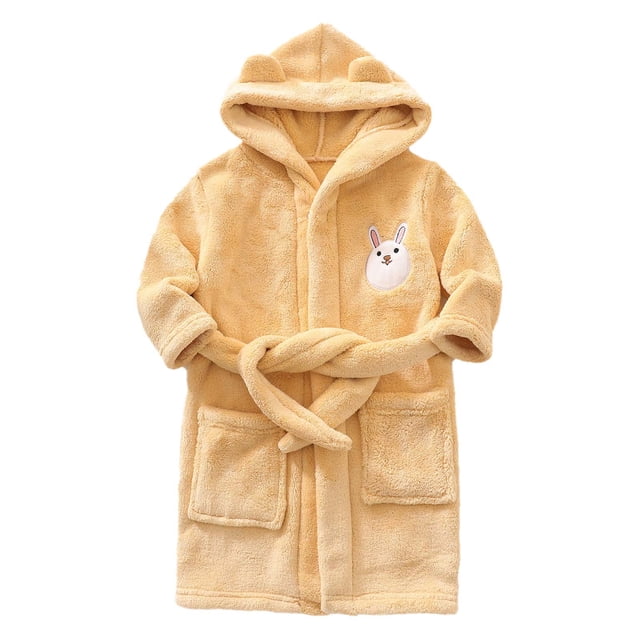 JIRNDfCA Baby Boy Robe With Hood Soft Cute Cartoon Bathrobe Long Sleeve Facecloth Rabbit Warm Kids Robe Children Sleepwear Yellow 12-18 Months