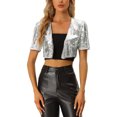thumbnail image 1 of INSPIRE CHIC Cardigan Court de Fête à Paillettes pour Femme, Manches Courtes Bouffantes, Ouvert à L'Avant, L Argent, 1 of 6
