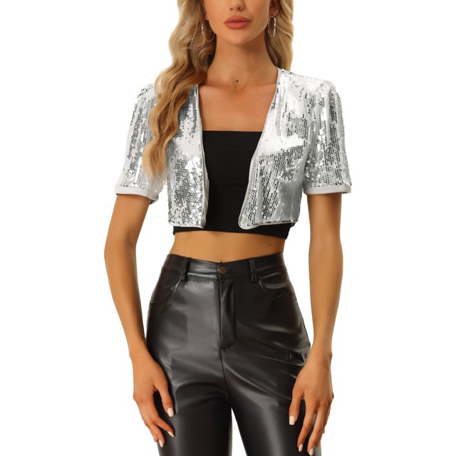 INSPIRE CHIC Cardigan Court de Fête à Paillettes pour Femme, Manches Courtes Bouffantes, Ouvert à L'Avant, L Argent