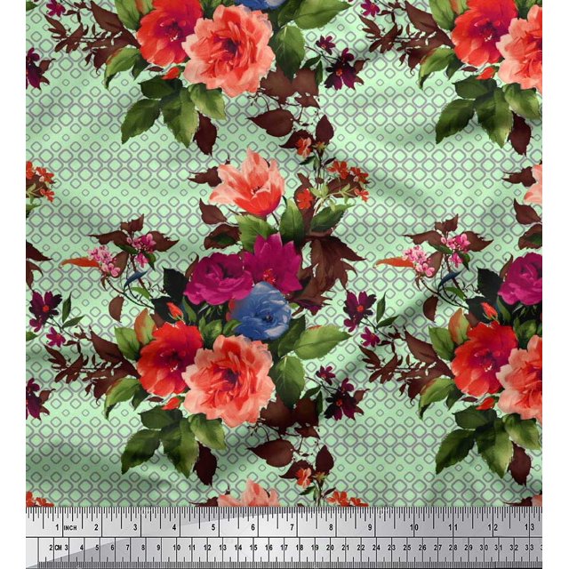 Soimoi Polyester Crepe Fabric Geometric,Leaves & Peony Floral Fabric Prints by Yard 52 Inch Wide