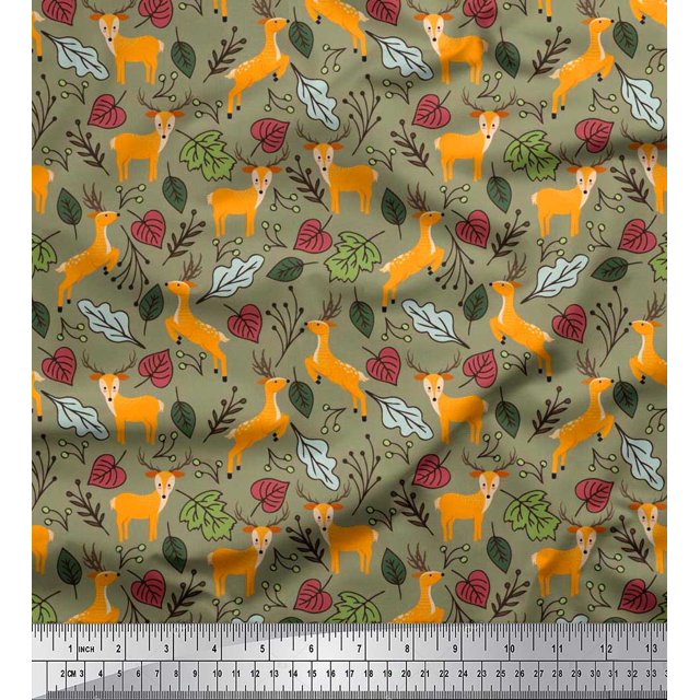 Soimoi Tissu Poly Georgette Feuilles & Rennes Imprimé Animal au Mètre 52 Pouces de Large