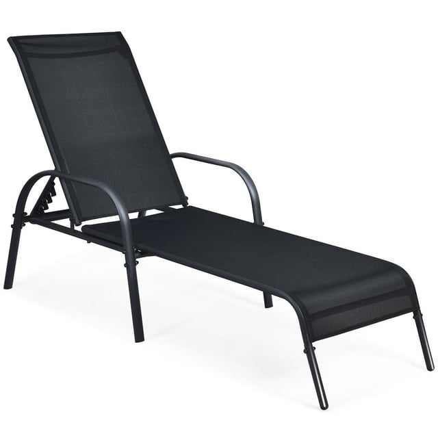 Giantex Chaise Lounge Chaise en Noir, Conçue pour l'Extérieur avec un Dossier Inclinable Réglable Offrant Cinq positions. la Chaise Présente un Siège en Maille Respirante, un Cadre en Acier Enduit de Poudre et des Accoudoirs pour le Confort. Légère et Pliable, Elle Est Idéale pour les patios, les Jardins Ou la Détente au Bord de la Piscine.