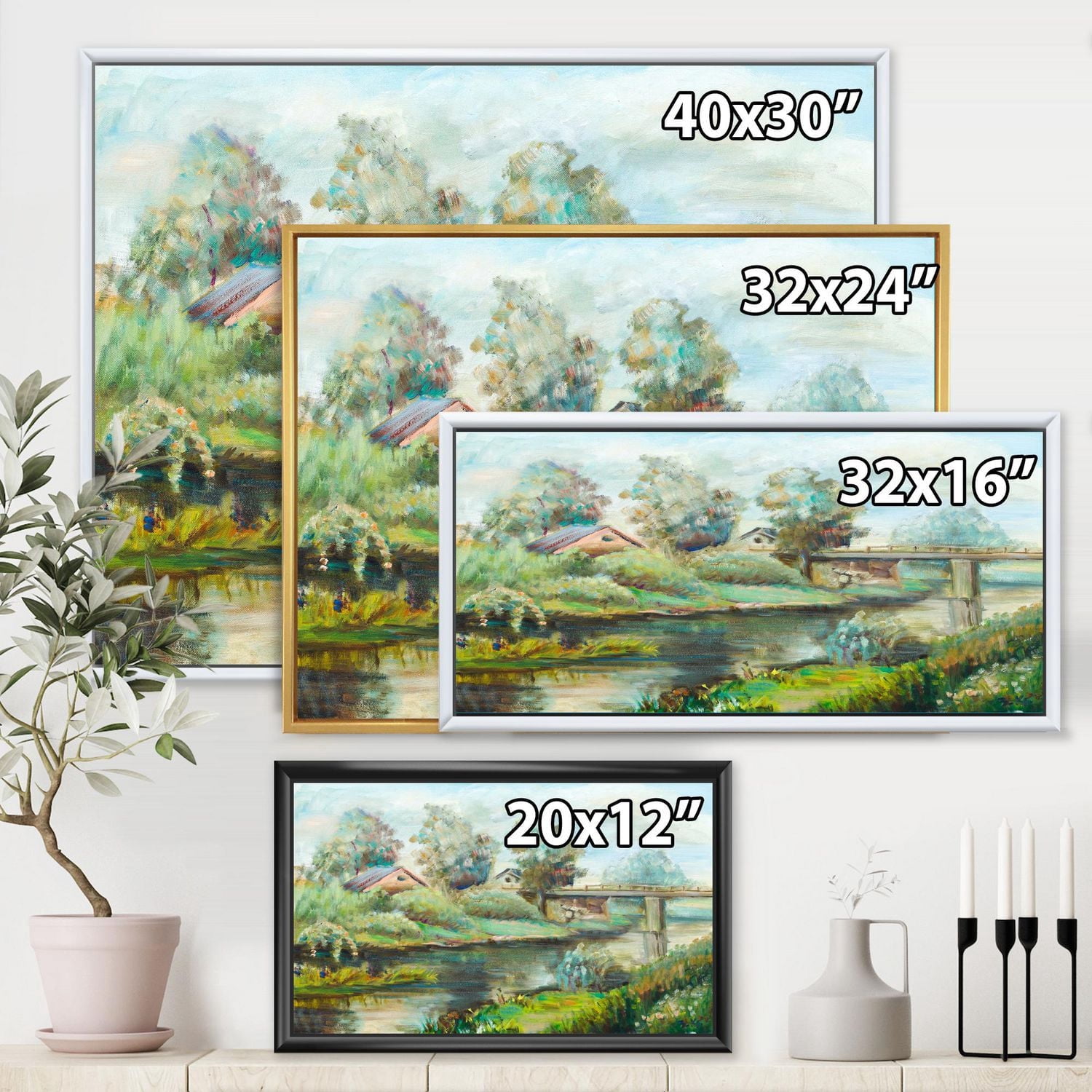 Designart Pont sur la rivière dans un paysage rustique ART MURAL À CADRE FLOTTÉ