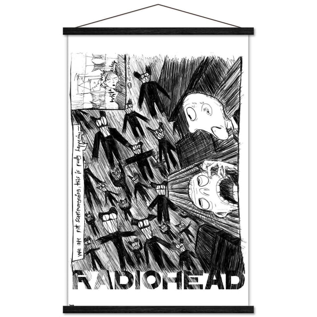 Radiohead - Affiche Murale à Gribouillis, 14,725 Po x 22,375 Po Encadrée, Présentant une Croquis Noir et Blanc de Multiples Personnages-Balais Abstraits avec de Larges Sourires et Deux Grands Visages Expressifs à Droite, avec Texte Manuscrit « We are not scaremongering this is really happening » au-Dessus du logo Audacieux de Radiohead, Idéal pour la Déco Murale de la Maison Ou du Bureau.