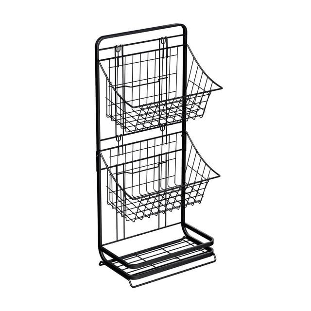 Bdday Storage Containers 3 Tier Fruit Basket featuring a sturdy black iron frame with three wire baskets arranged vertically. The matte black finish is rust and humidity-proof, making it ideal for storing fruits, vegetables, snacks, or household items. Compact design suitable for kitchen countertops, cabinets, or bathrooms. Dimensions: 57.5x25.5x14cm (22.63x10.03x5.51in).