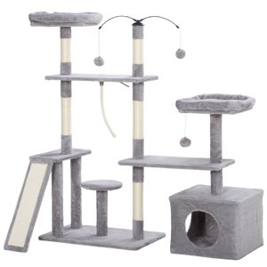 Arbre de chat gris clair avec condo & Postes d'échouement - 53” Tour multi-niveaux pour les chats d'intérieur. & Zone de repos