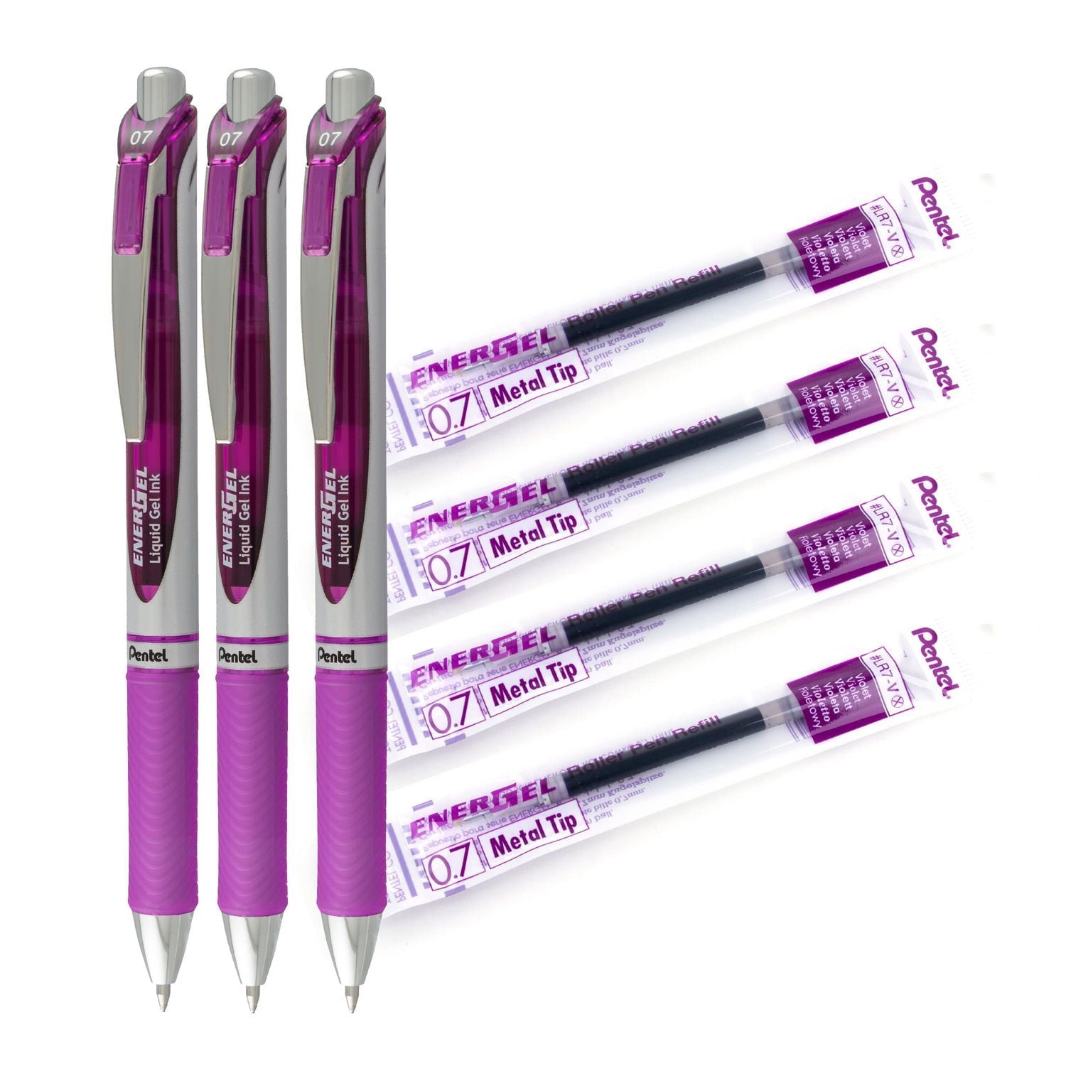 EnerGel Retractable Gel Roller, 0.7mm, Medium Point, 3 Pens and 4 Refills pack, Violet Ink