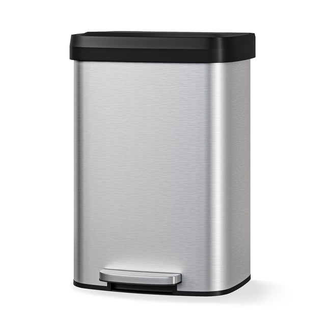 50L Stainless Steel Kitchen Trash Can with Plastic Soft-Close Lid and Step Pedal – 13 Gallon Rust-Resistant Metal Garbage Bin with Liner Rim & Rear Handle, Silver