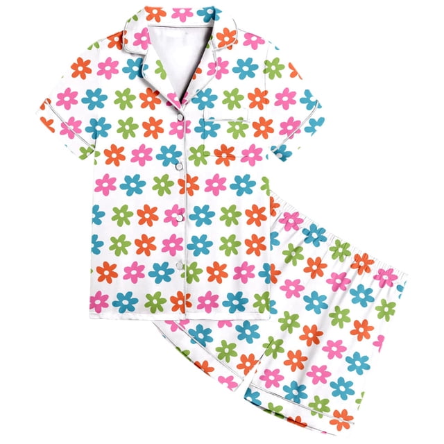 MIASHUI Girls Pajamas Set Flower Pattern Button-Down Sleepwear 2 Piece Nightwear,White,4-5 Years