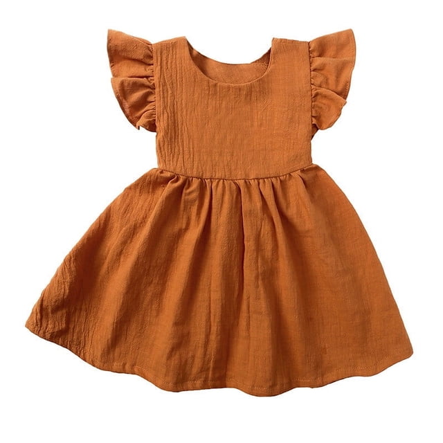 ShomPort Summer Skirt for Girls Linen Sleeveless A-Line Crewneck Ruffle Cozy Breathable Solid Color Holiday Dress
