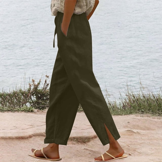 Women Casual Cotton Linen Drawstring Elastic Waist Long Wide Leg Pants