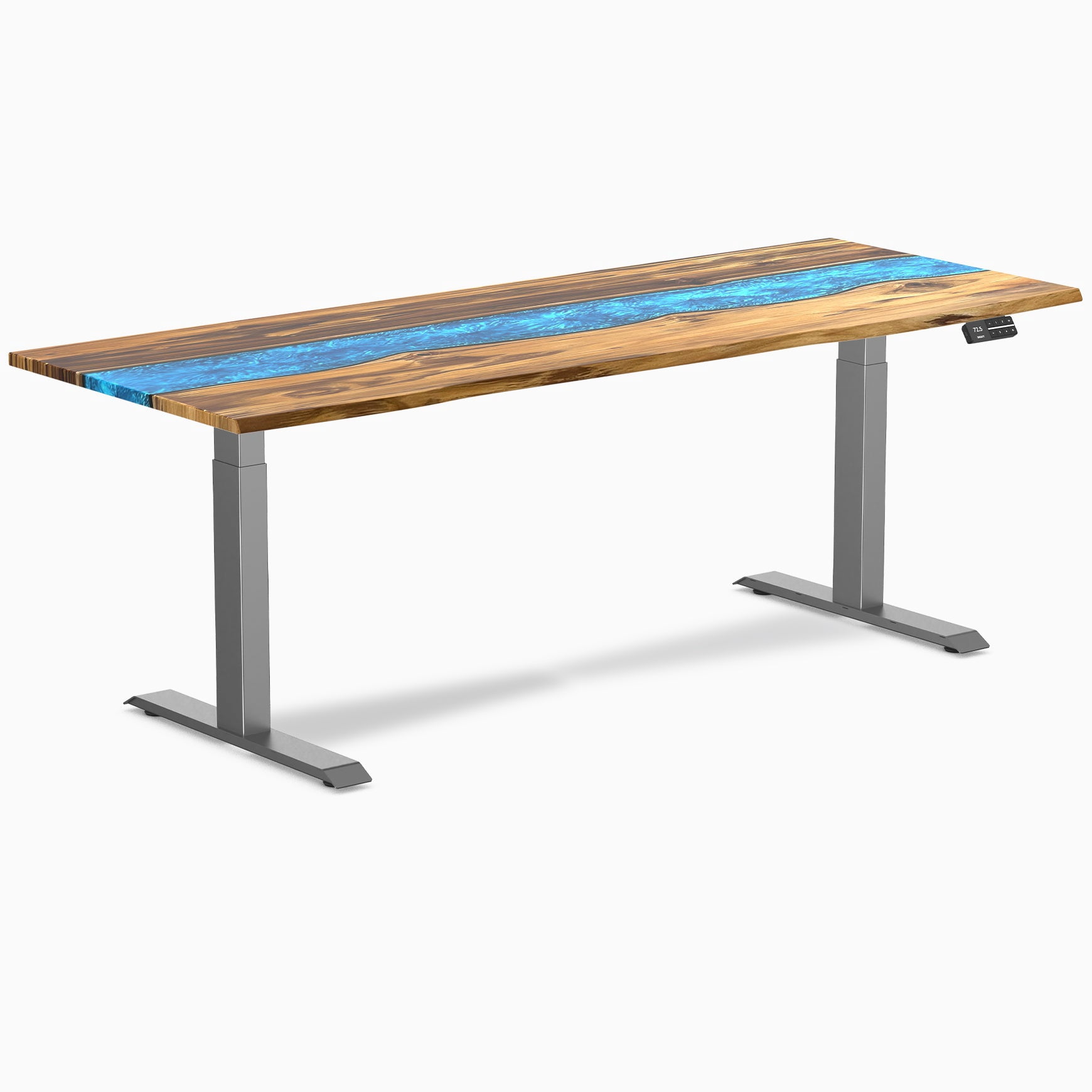 Desky Bureau Assis-Debout en Bois Dur à Résine Double - Rivière Bleue en Teck / 80 x 30 Pouces / Gris Espace