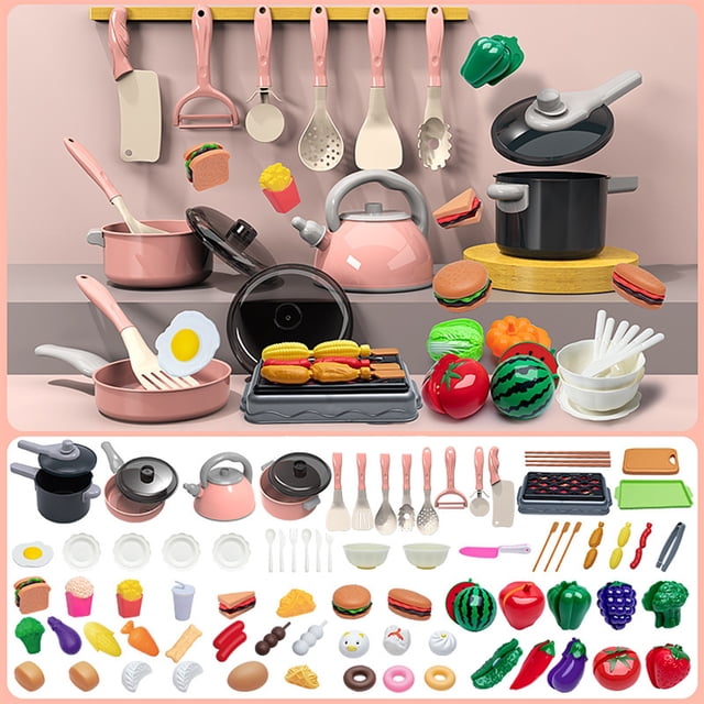 ZZkhGO Kids Play Kitchen Set, Pretend Cutting Toy with Utensils, Realistic Safe Cookware Educational Toy for Children