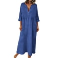 thumbnail image 1 of Xugsiok Robe en Lin pour Femmes à Boutons Manches 3/4 Col Ras du Cou Robe d'Été Couleur Unie Robes Amples Vacances Affaires Entraînement Plage Fluide Plissée Tuniques Robes Maxi d'Été, 1 of 8