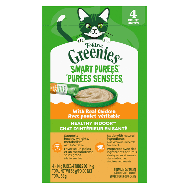 Feline Greenies Smart Purees Chicken Lickable Cat Treats 4 x 14g pack with a green and white label featuring a cartoon green cat above a tube dispensing creamy chicken puree into a green dish, formulated with L-Carnitine to support healthy weight and metabolism for indoor cats using natural ingredients and vitamins.