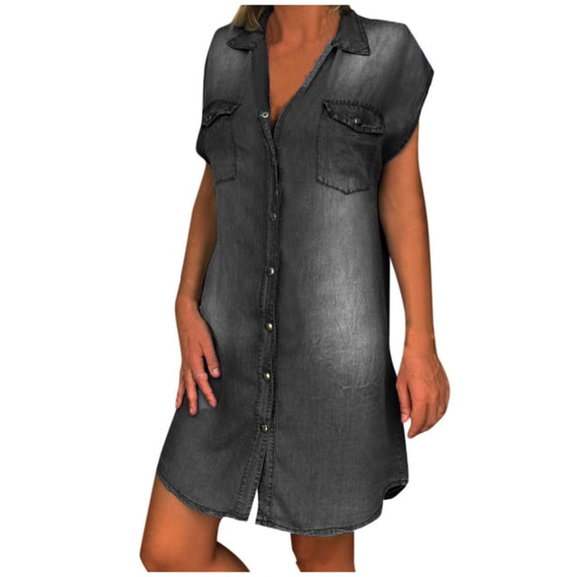 2025 Robes Décontractées à Col Rabattu pour Femmes Robes de Fête en Denim Décontractées Sans Manches Robe Maxi d'Été Évasée