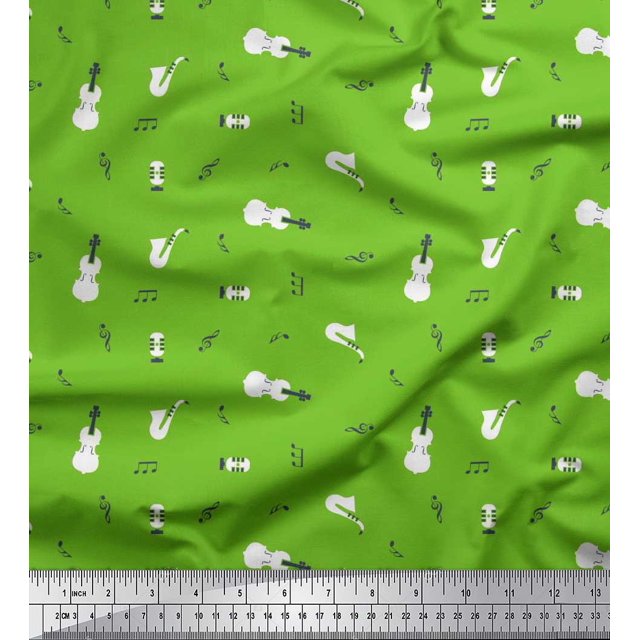Soimoi Poly Georgette Fabric Notes,Guitar & Saxophones Musical Instrument Print Sewing Fabric Yard 42 Inch Wide
