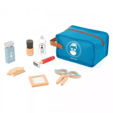 Janod - Kit de rasage pour enfants - 7 accessoires en bois + sac - Jouet d'imitation - 3 ans