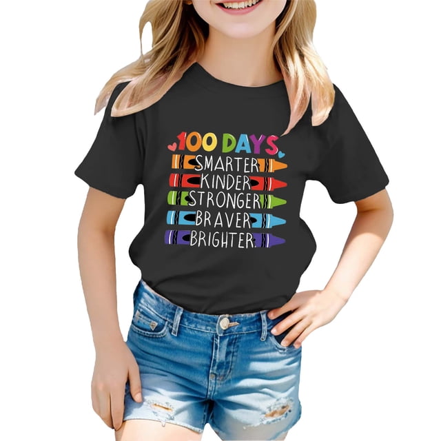 LUOGENLI T-Shirt pour Filles Enfants Mode Décontractée Imprimé Col Rond Manches Courtes T-Shirt Haut Chemises pour Filles Tendance Mini Noir 4-5 Ans