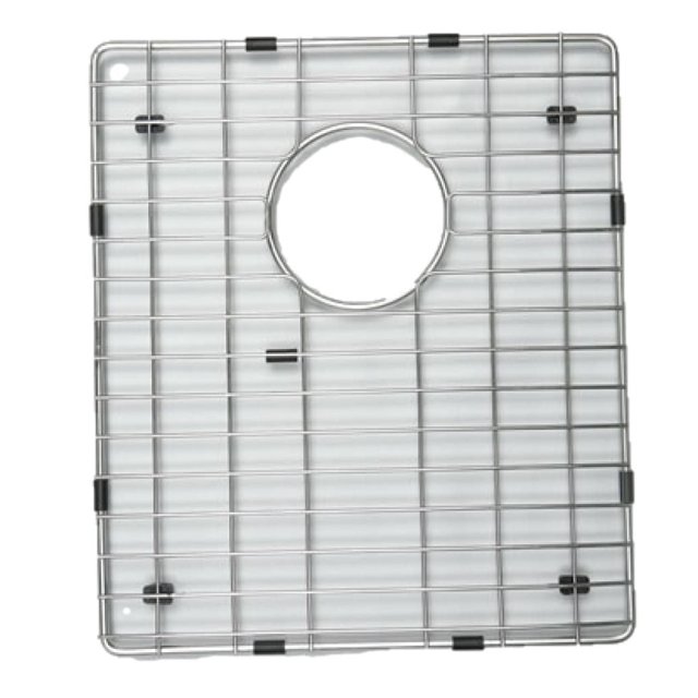 American Imaginations 10-in. W Kitchen Sink Grid AI-34786, a chrome stainless steel rectangular sink grid with black rubber feet and a central circular cutout, measuring 10 by 15.75 inches, designed for drop-in installation to protect kitchen sinks and often used to elevate dishes for drying.