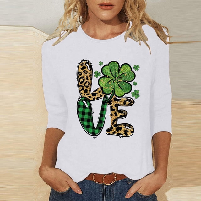 Meichang Hauts à Manches 3/4 pour Femmes T-Shirts de la Saint-Patrick T-Shirts Graphiques Trèfle Vert Hauts Irlandais Porte-Bonheur T-Shirts Décontractés à Col Rond Hauts Cadeaux de la Saint-Patrick pour Femmes