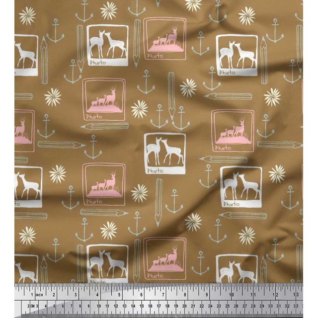 Soimoi Polyester Crepe Fabric Pencil,Anchor Hook & Deer Animal Printed Fabric 1 Yard 52 Inch Wide
