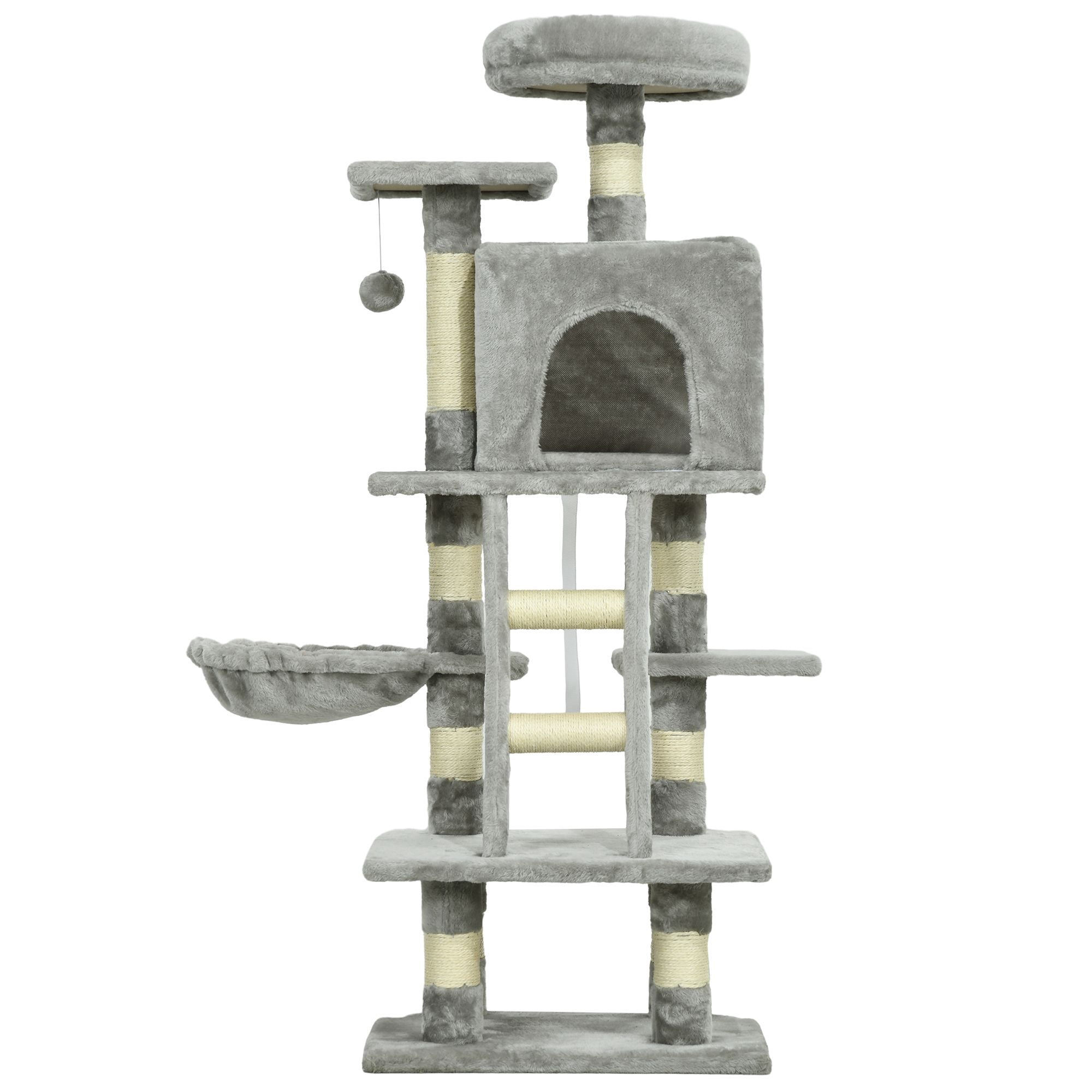 Large Light Grey Cat Tree Tower - 52" Multi-Level Indoor Cat Condo with Scratching Posts, House & Hammock for Living Room & Playtime