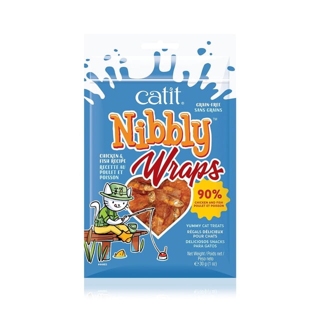 Catit Nibbly Wraps Chicken and Fish Recipe 30g pack of grain-free, low-calorie soft and chewy cat treats with high meat content, featuring whole anchovies wrapped in chicken breast, shown in blue packaging with a fishing cat illustration and clear window.