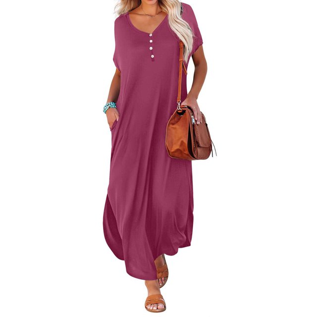 Robes pour Femmes Été 2023 Robe d'Été Décontractée pour Femmes à Manches Courtes, Col en V, Robe Évasée, Robe Maxi Décontractée de Plage avec Poches, Robes de Soirée pour Femmes Élégantes et Chic en Liquidation