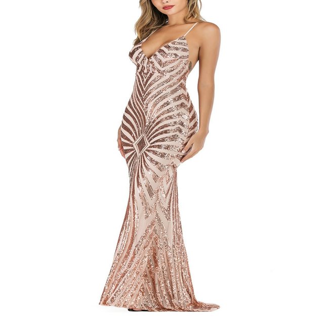 Women Sequins Formal Dress Shiny V Neck Backless Evening Gown