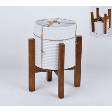 Mainstays pots ronds métalliques blancs d'intérieur avec support en bois - 14,2" de hauteur